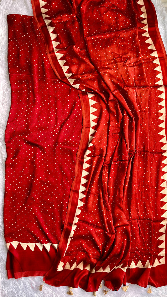 Red Polka Dotted Motif Modal Silk Ajrakh Hand Block 2 pc Suit Set with Modal Silk Dupatta