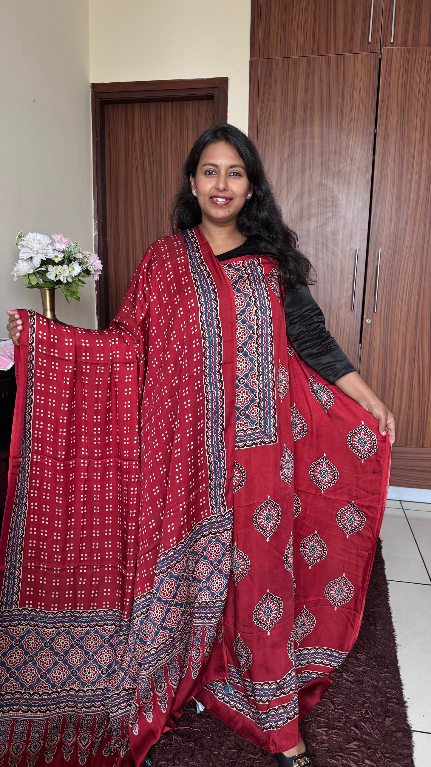 Deep Red Diamond Flower Motif Ajrakh Hand Block Print Modal Silk Suit Material