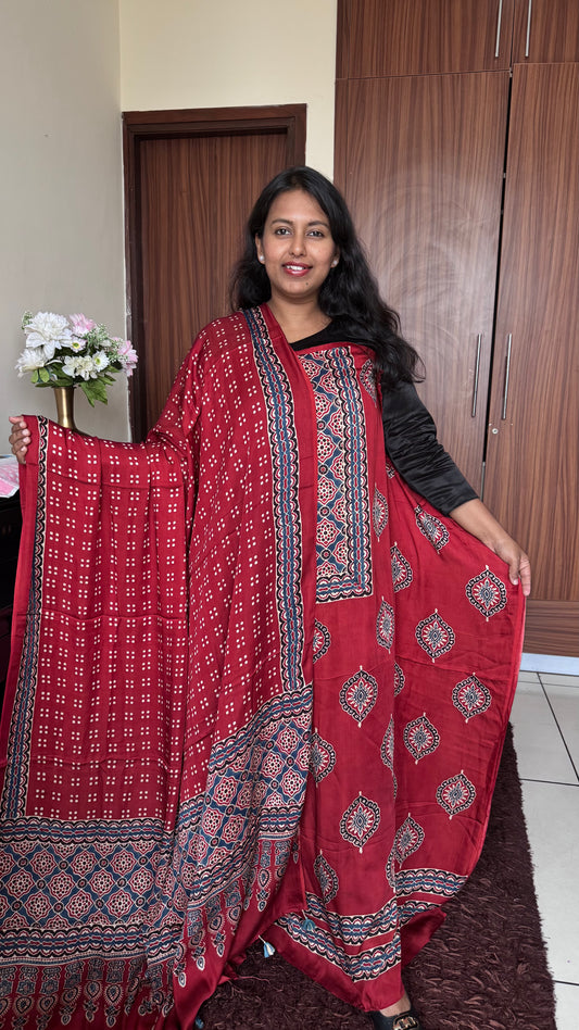 Deep Red Diamond Flower Motif Ajrakh Hand Block Print Modal Silk Suit Material