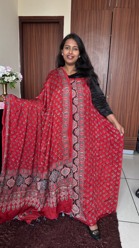 Red Badam and Kamalbuti Modal Silk Ajrakh Hand Block 2 pc Suit Set with Modal Silk Dupatta