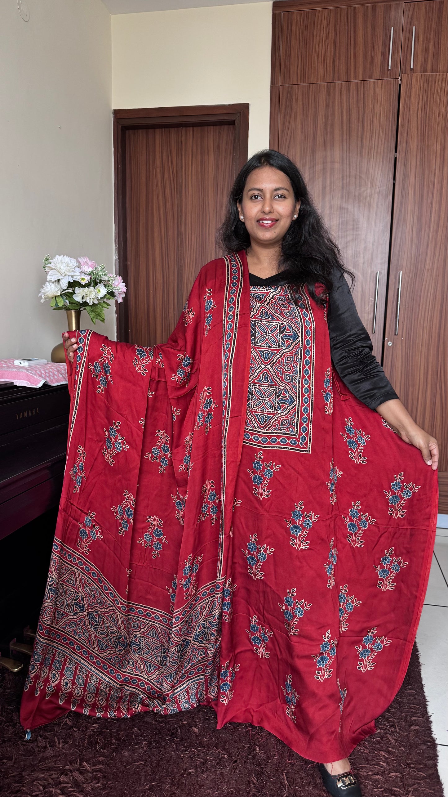 Deep Red Mugal Buta Print Modal Silk Ajrakh Natural Dyed Hand Block Print 2pc Suit Material Set