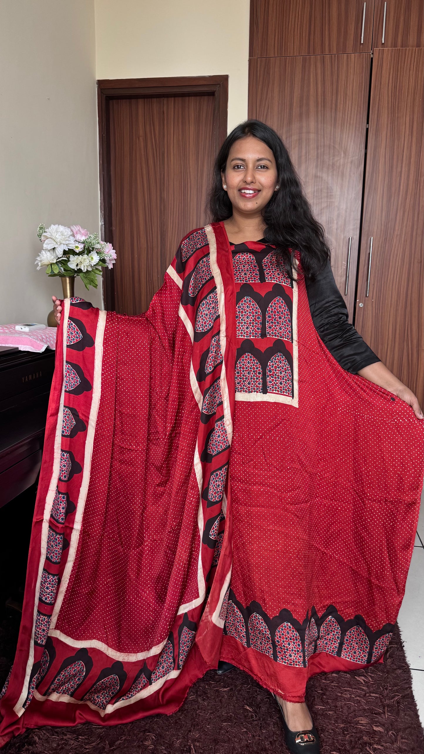 Ravishing Red Jharokha and Polka Motif Modal Silk Ajrakh Hand Block Print 2pc Suit Material Set