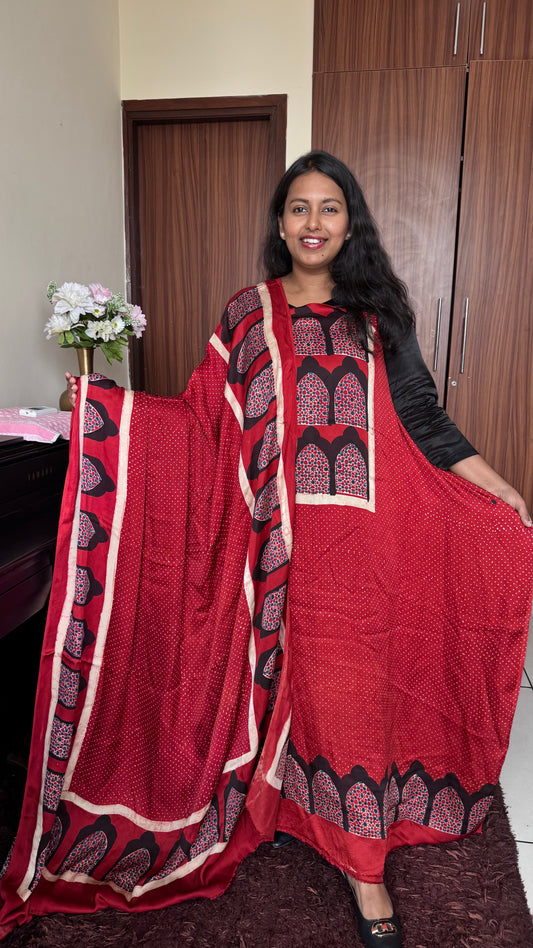Ravishing Red Jharokha and Polka Motif Modal Silk Ajrakh Hand Block Print 2pc Suit Material Set