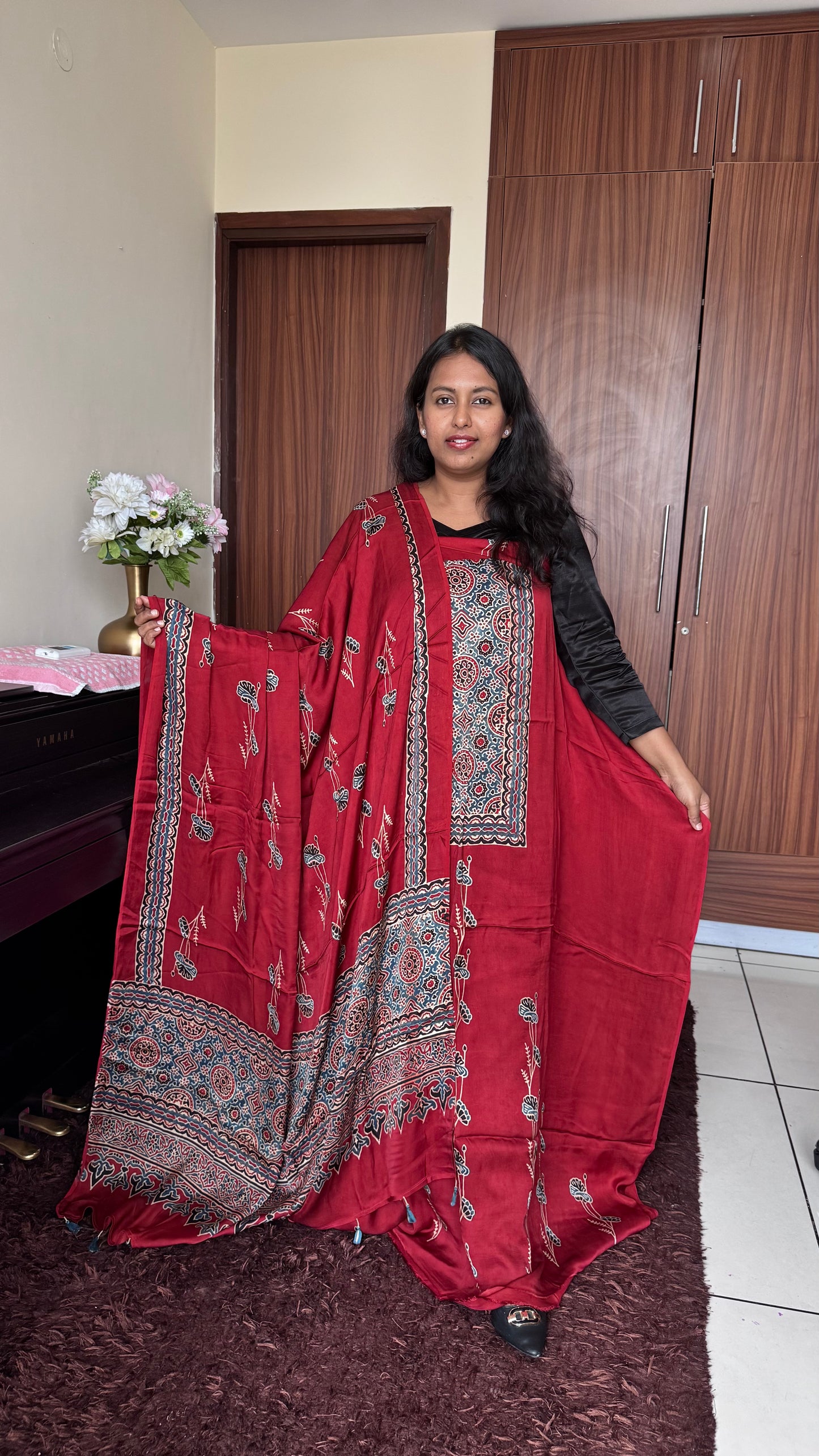 Red Kamal Motif Ajrakh Handblock Print Modal Silk 2 pc Suit Material Set with Modal Silk Dupatta