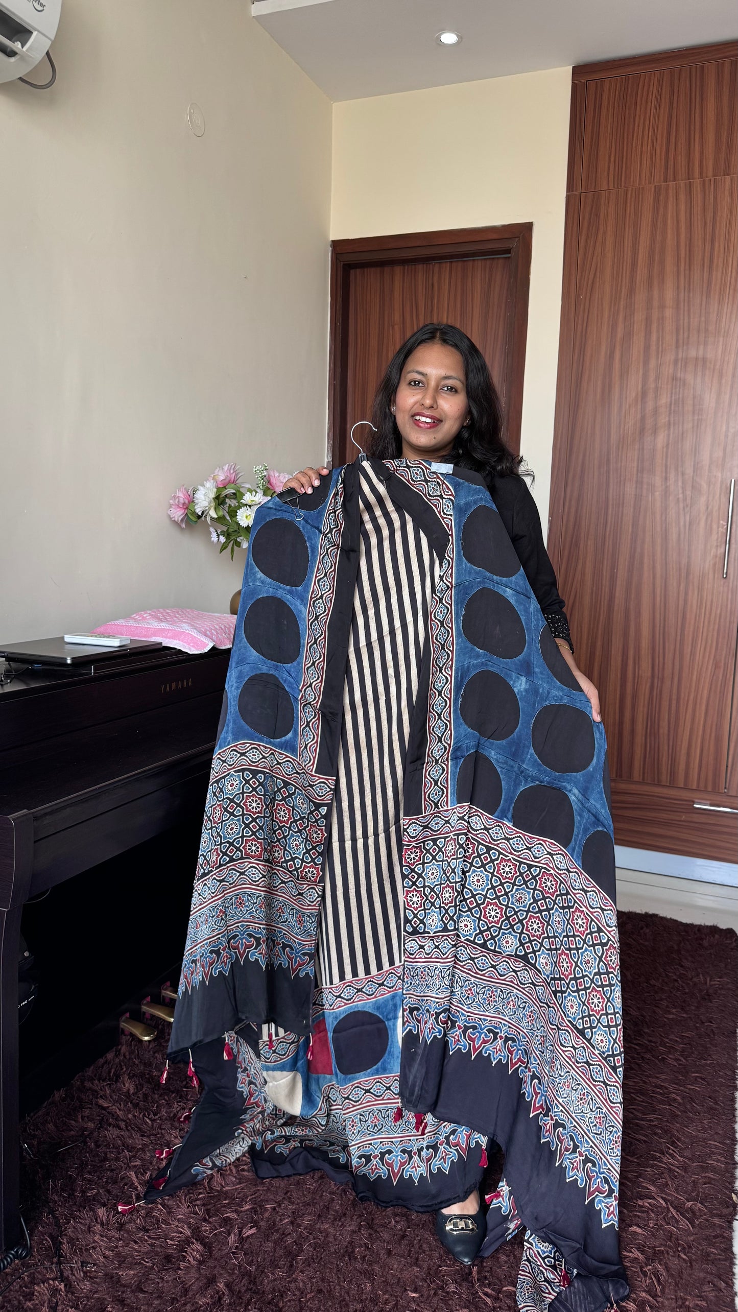 Black and Off White Moti Dhaari Motif Pure Modal Silk Suit Material with Ajrakh Modal Silk Dupatta