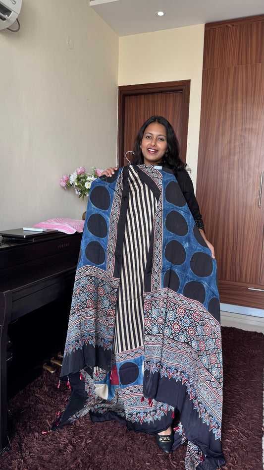 Black and Off White Moti Dhaari Motif Pure Modal Silk Suit Material with Ajrakh Modal Silk Dupatta