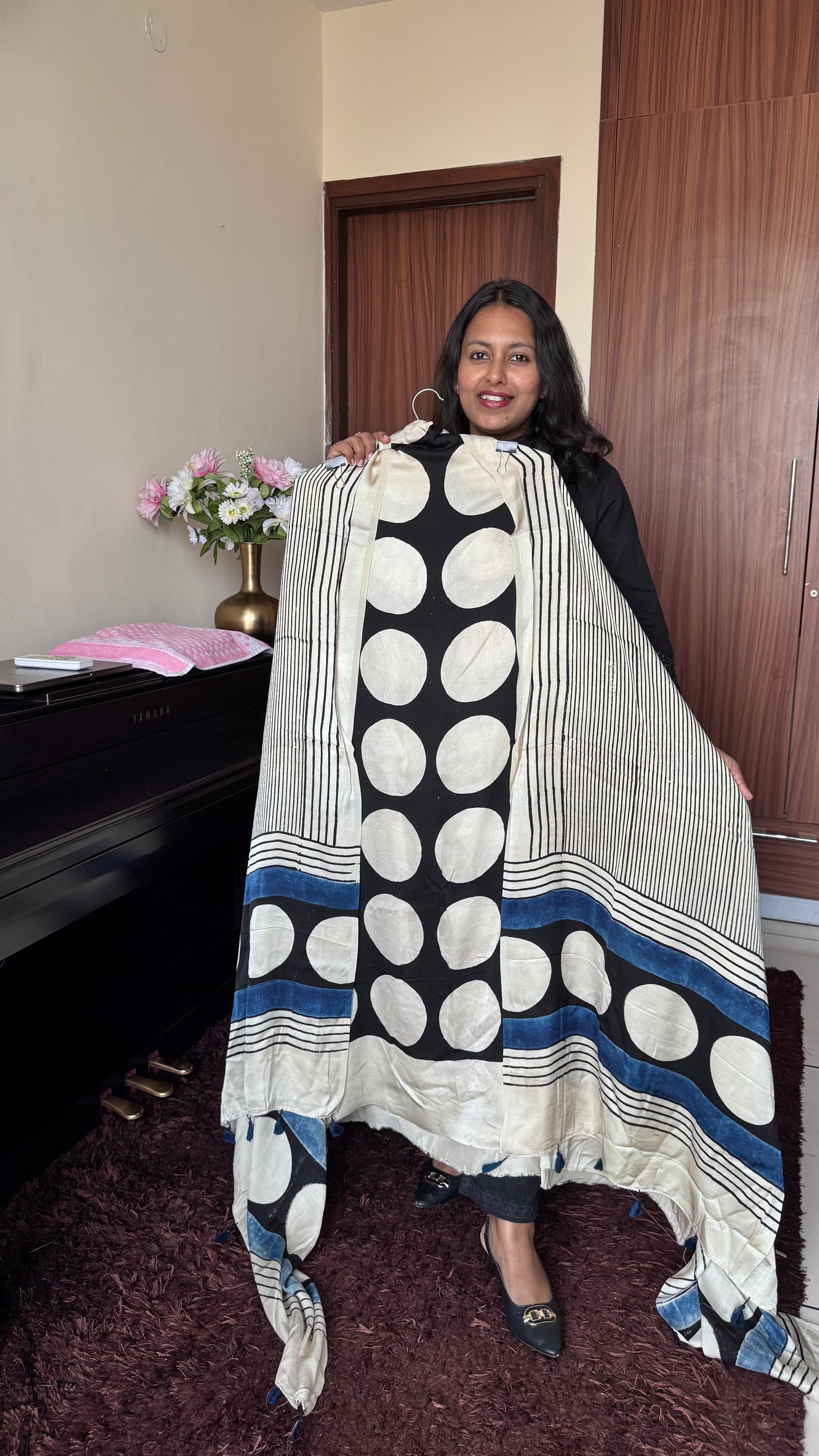 Boardroom Black and White Polka Motif Modal Silk Hand Block Print 2pc Suit Material Set