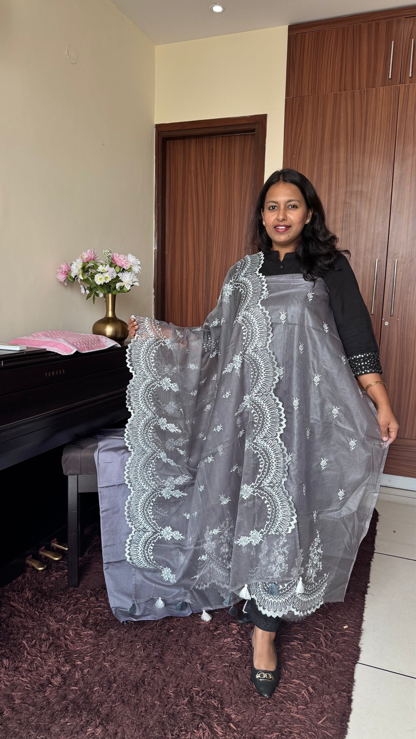 Gracious Grey Shade Banarasi Tissue Silk 3-Piece Suit with Threadwork & Organza Dupatta