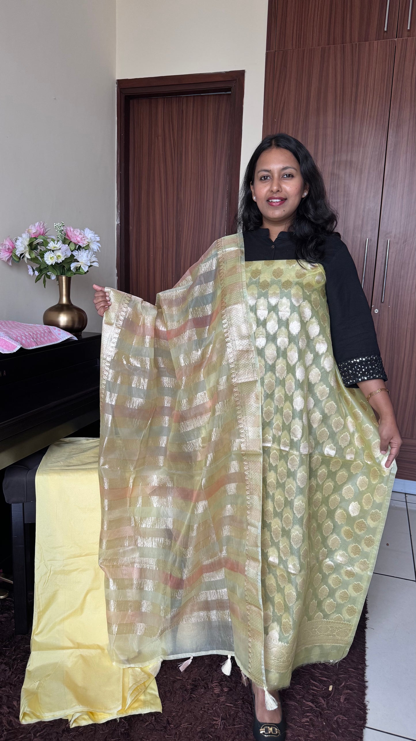 Lemon Yellow Banarasi Tissue Silk 3-Piece Suit with Threadwork & Crushed Organza Dupatta