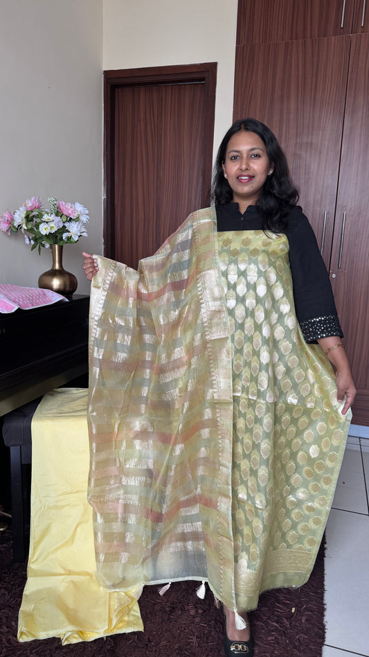 Lemon Yellow Banarasi Tissue Silk 3-Piece Suit with Threadwork & Crushed Organza Dupatta