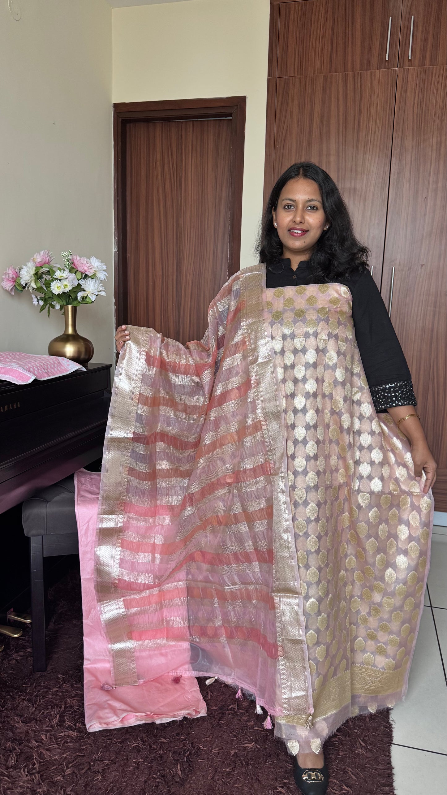 Peachish Pink Shade Banarasi Tissue Silk 3-Piece Suit with Threadwork & Crushed Organza Dupatta