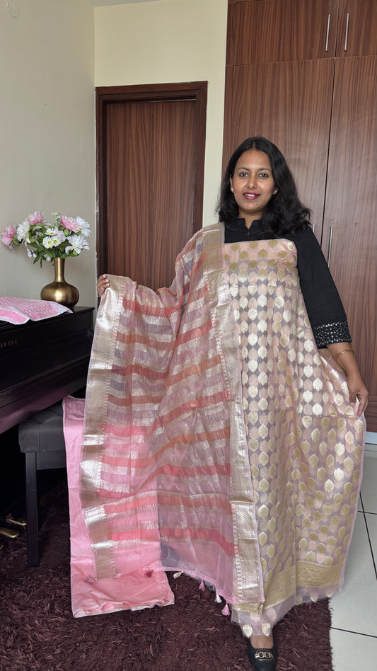 Peachish Pink Shade Banarasi Tissue Silk 3-Piece Suit with Threadwork & Crushed Organza Dupatta
