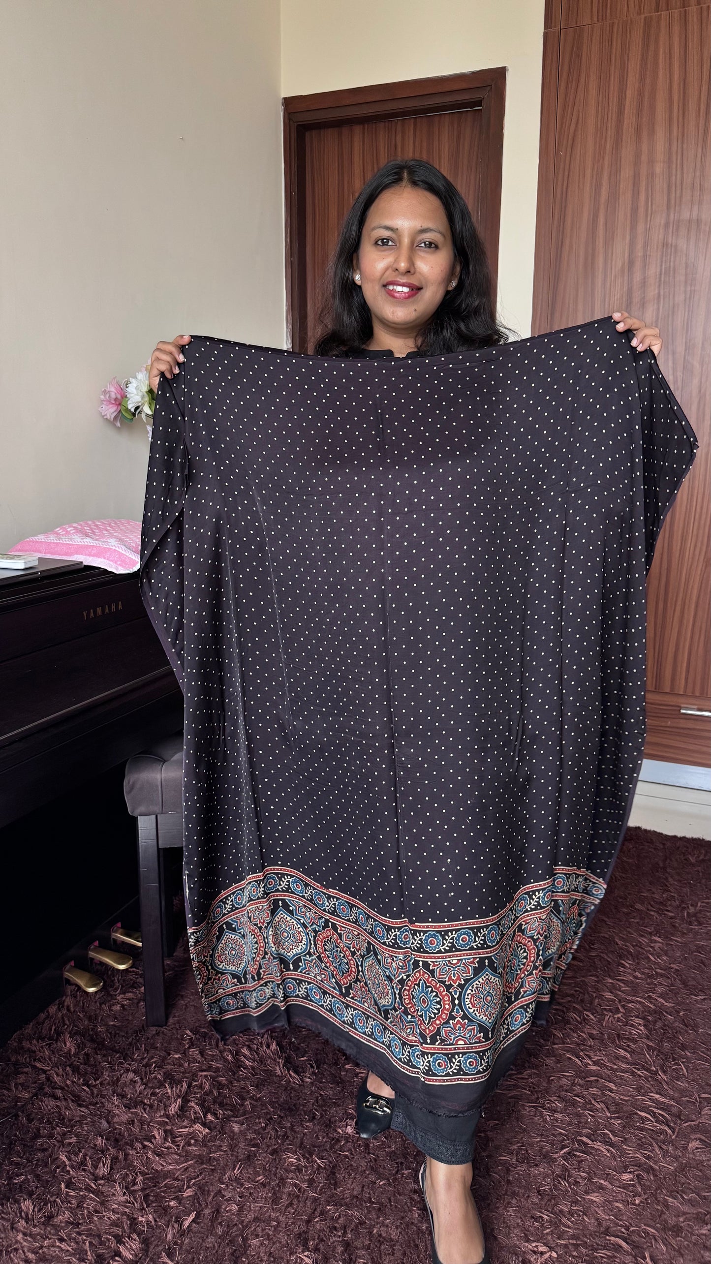 Black Polka Dot Badam Buti Modal Silk Ajrakh Hand Block Print Designer Unstitched Fabric (Kurta Only)