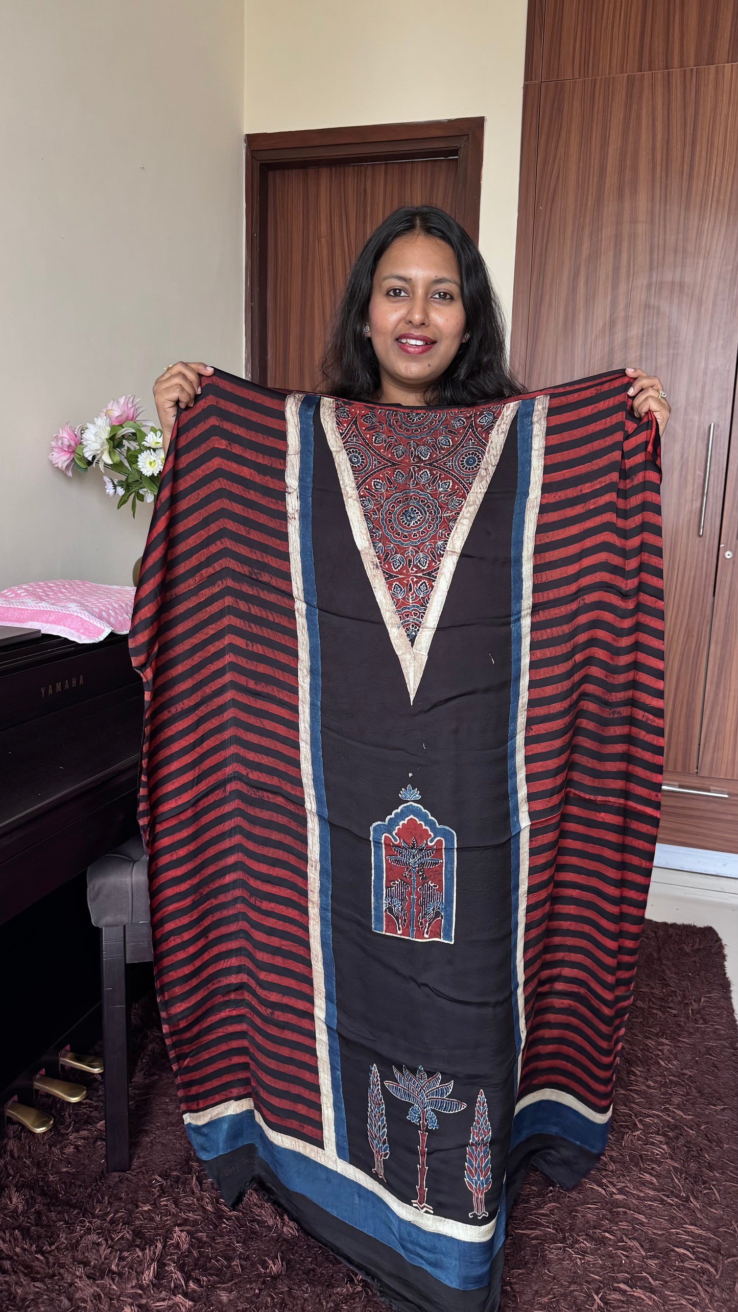 Black Jharokha Motif Modal Silk Ajrakh Hand Block Print Designer Unstitched Fabric (Kurta Only)