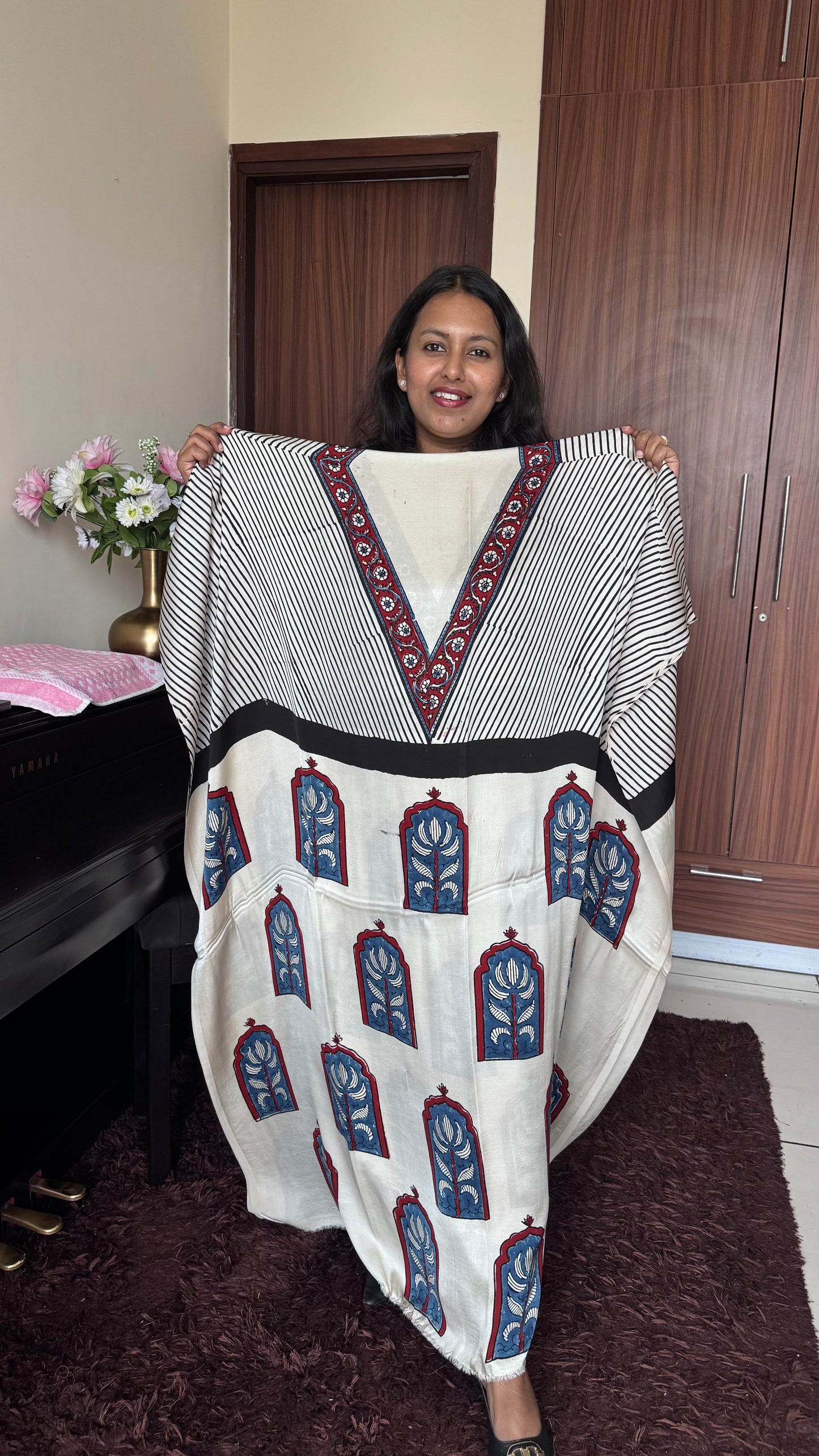 Black and Off White Jharokha Motif Modal Silk Ajrakh Hand Block Print Designer Unstitched Fabric (Kurta Only)