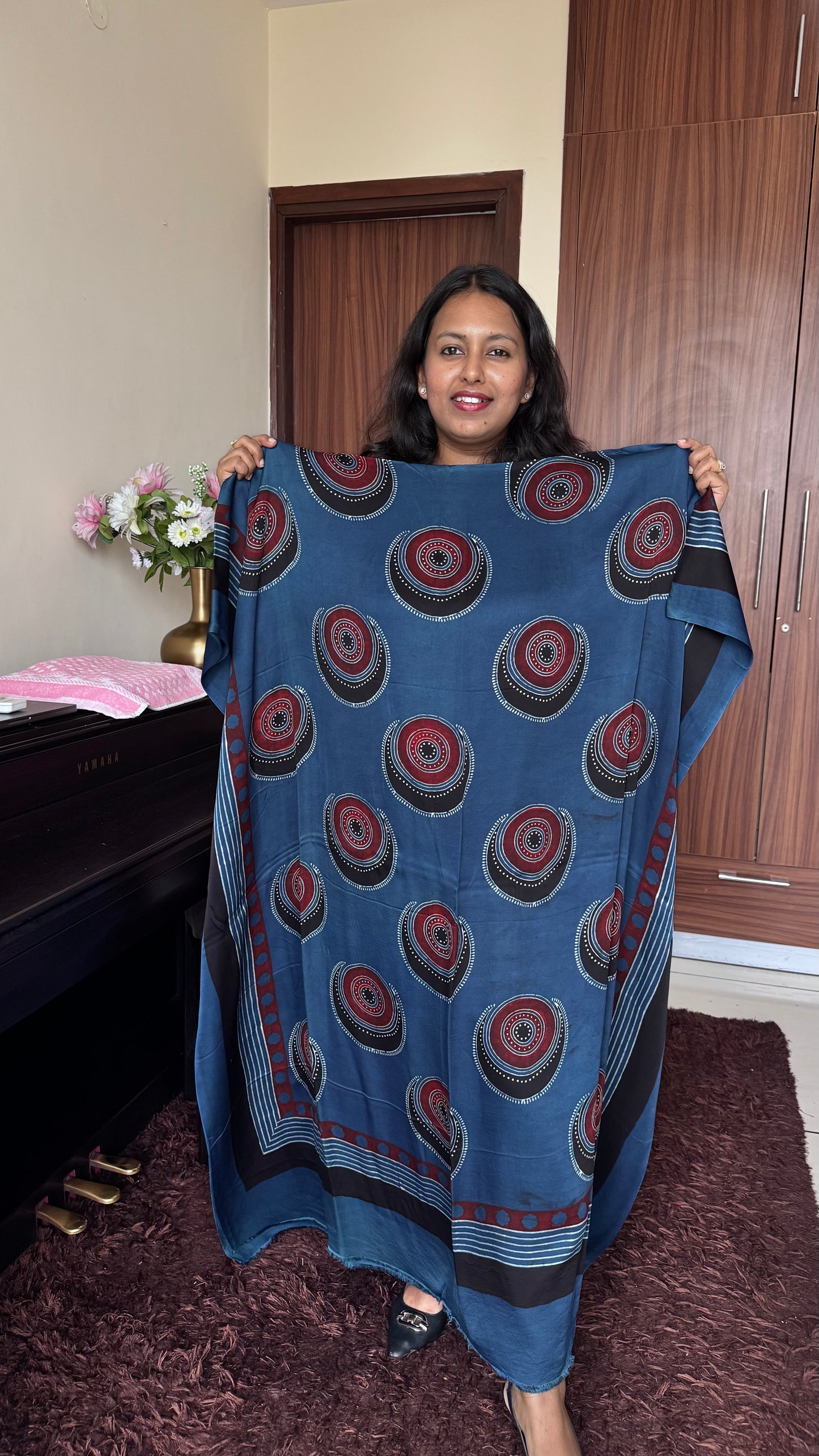 Blue Crescent Moon Motif Modal Silk Ajrakh Hand Block Print Designer Unstitched Fabric (Kurta Only)