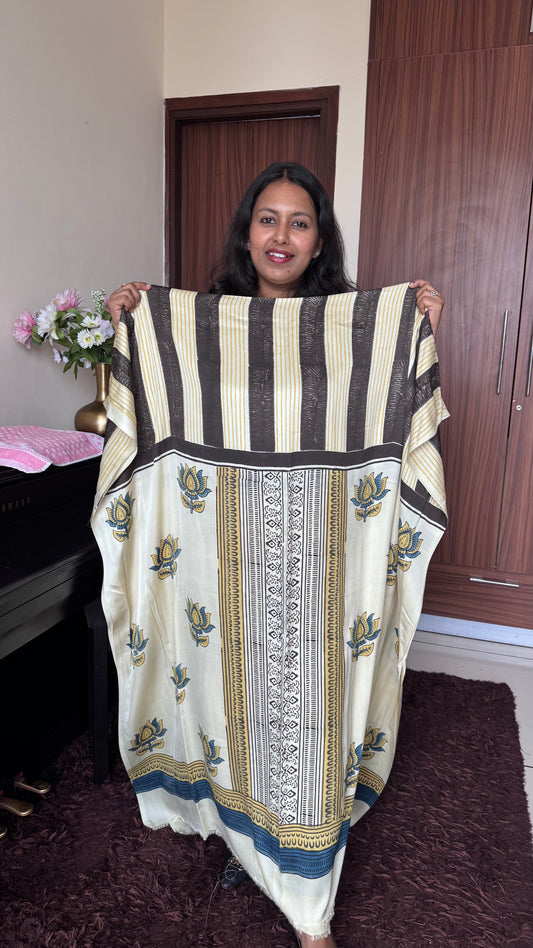 Offwhite Kamal Buti Motif Modal Silk Ajrakh Hand Block Print Designer Unstitched Fabric (Kurta Only)