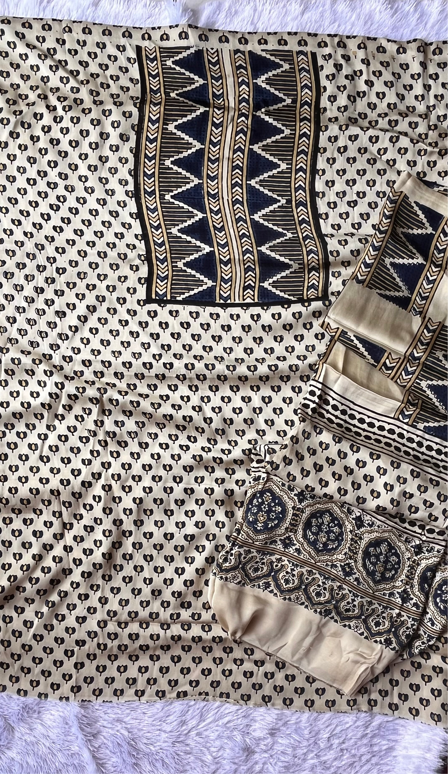 Off white Kamal Buti Motif Modal Silk Hand Block Print 2pc Suit Material Set