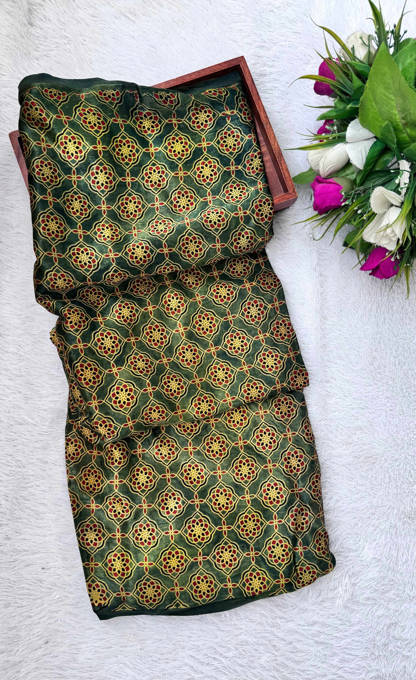 Green Mustard Shade Jaal Motif Ajrakh Mashru Silk fabric