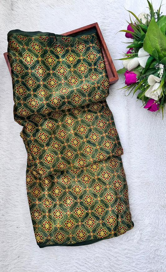 Green Mustard Shade Jaal Motif Ajrakh Mashru Silk fabric
