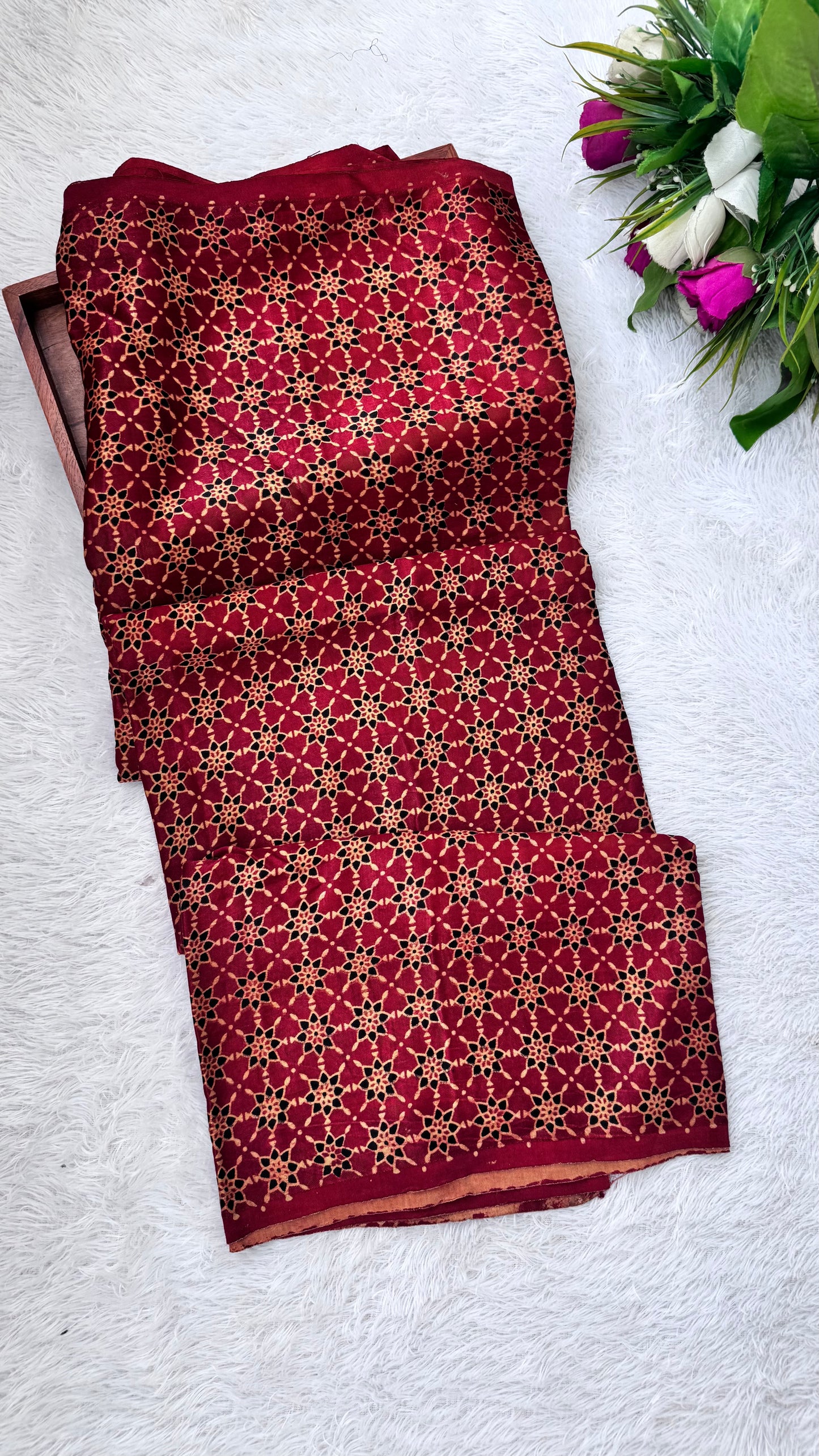 Red  Shade Flower Motif Ajrakh Mashru Silk fabric
