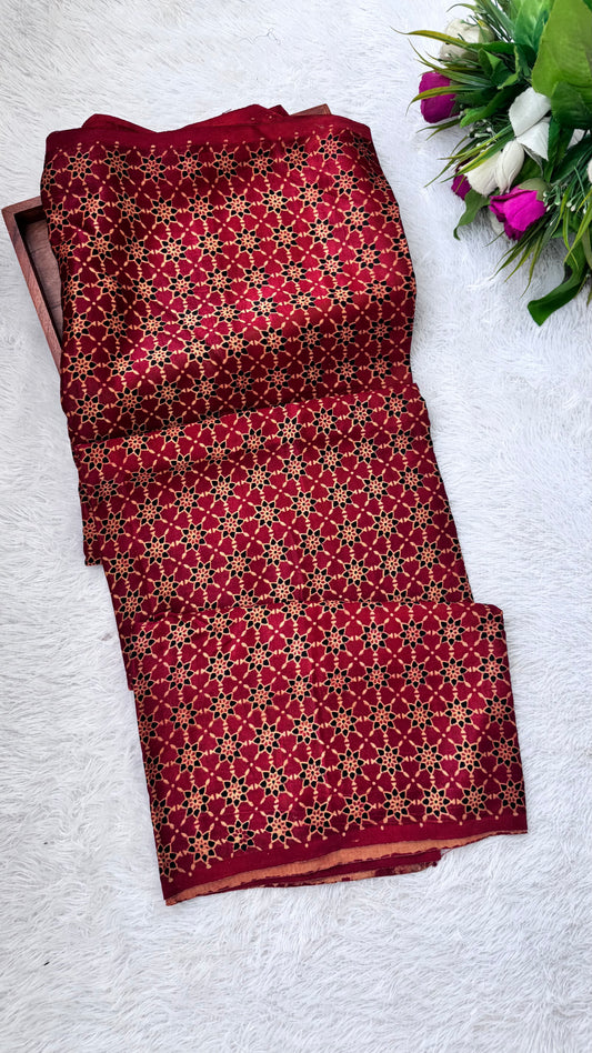 Red  Shade Flower Motif Ajrakh Mashru Silk fabric