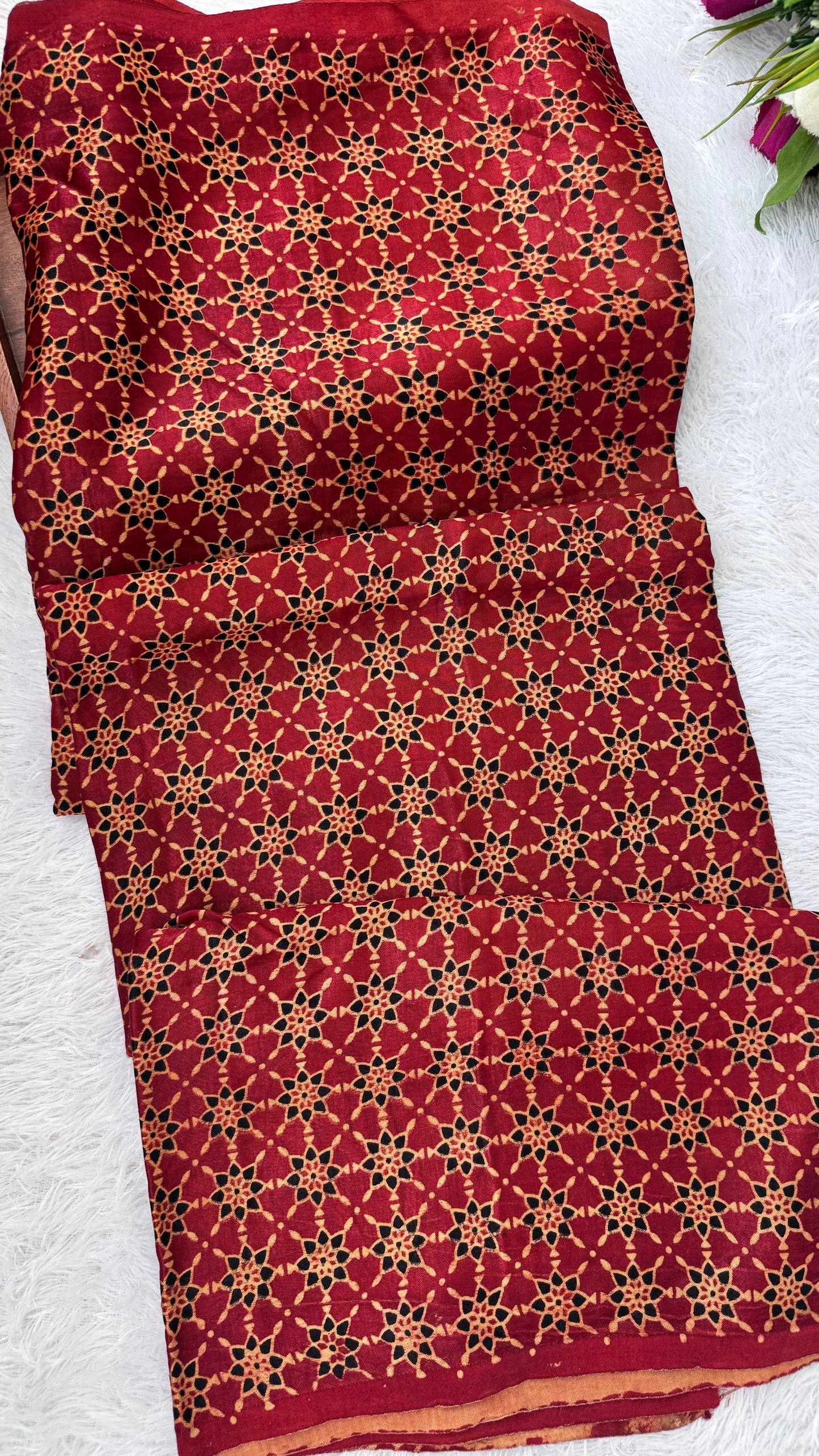 Red  Shade Flower Motif Ajrakh Mashru Silk fabric