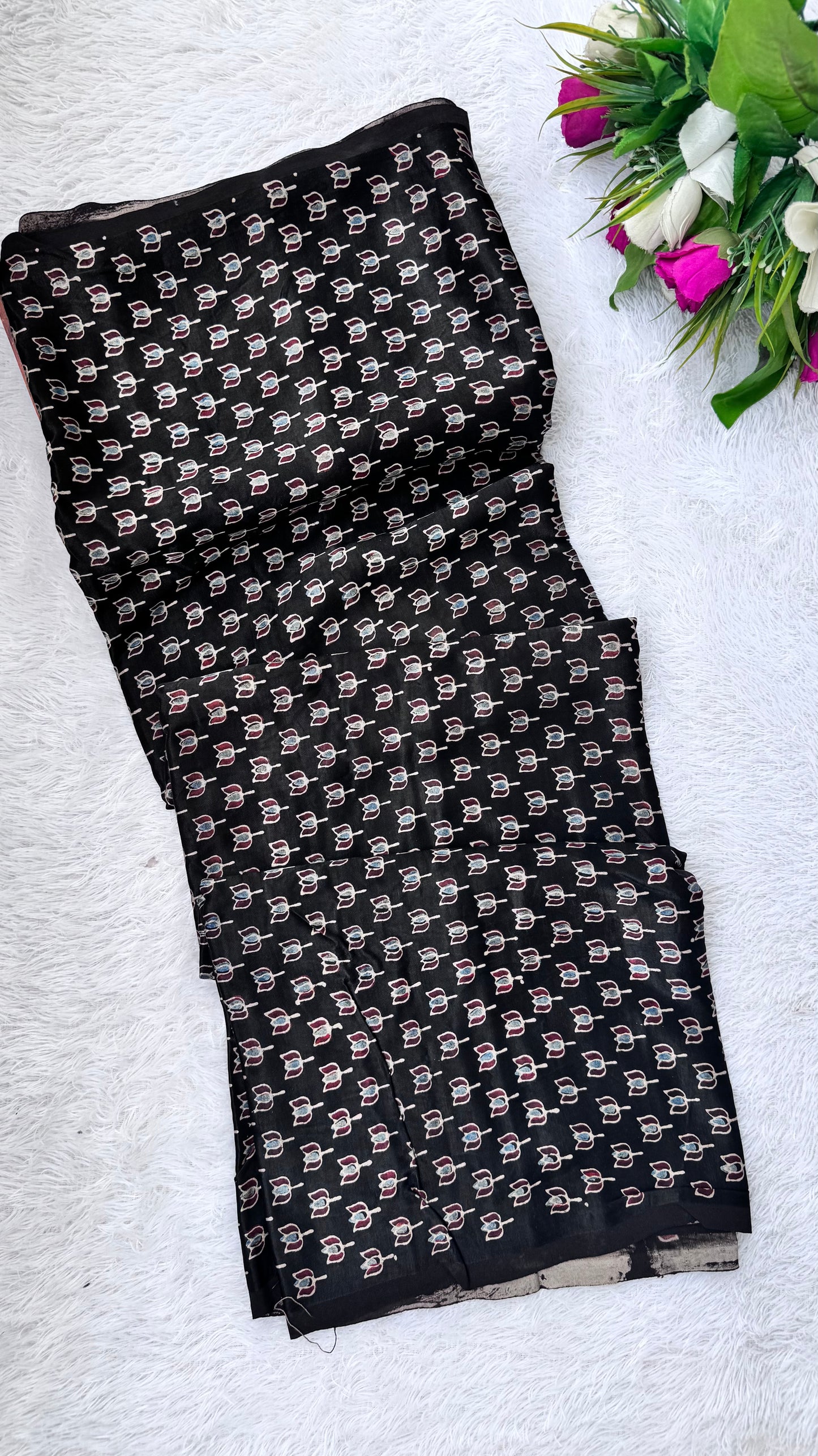 Black Kamal Buti Motif Ajrakh Mashru Silk fabric