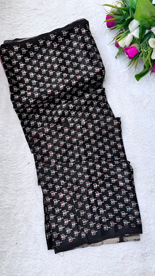 Black Kamal Buti Motif Ajrakh Mashru Silk fabric