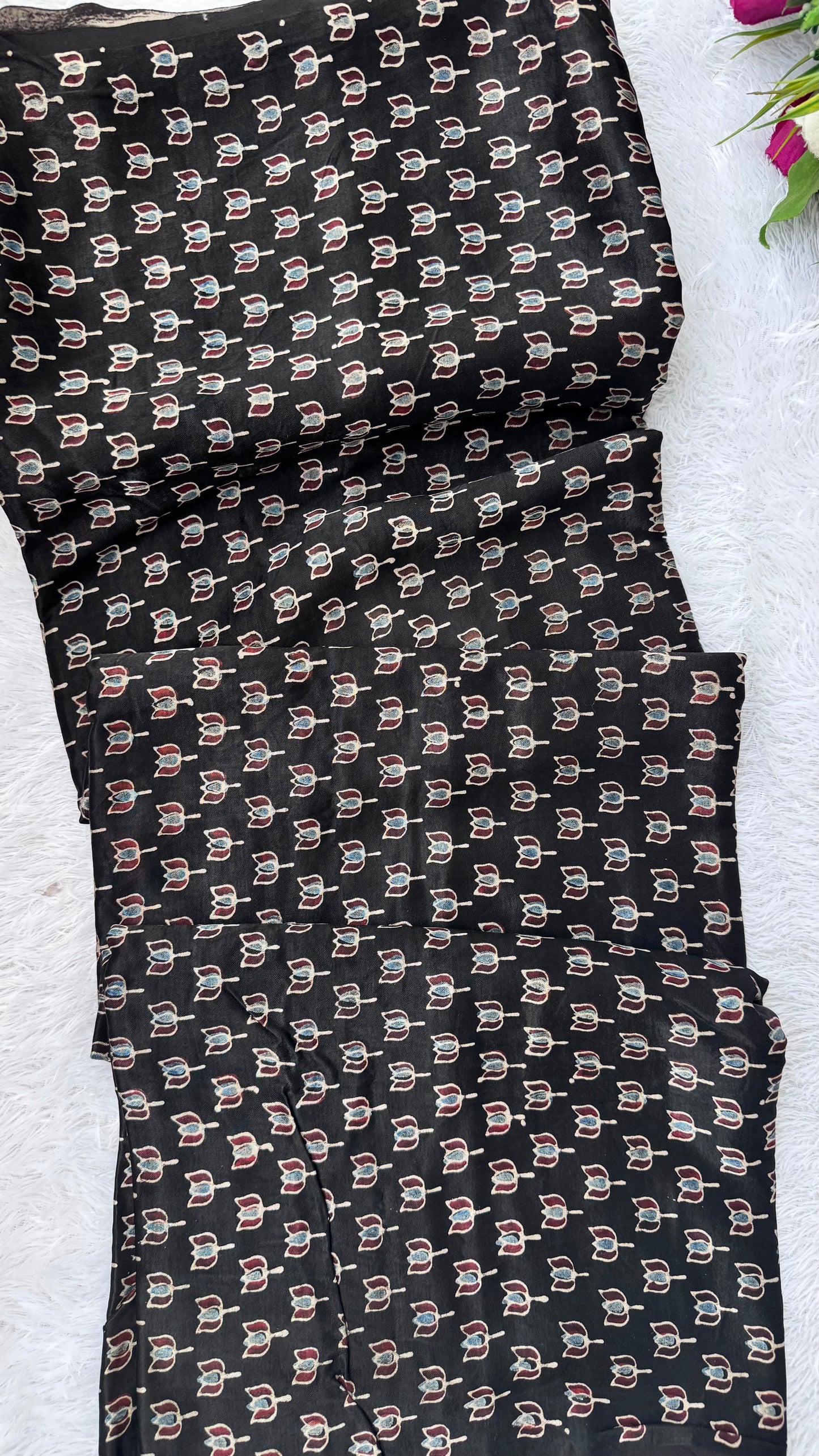 Black Kamal Buti Motif Ajrakh Mashru Silk fabric