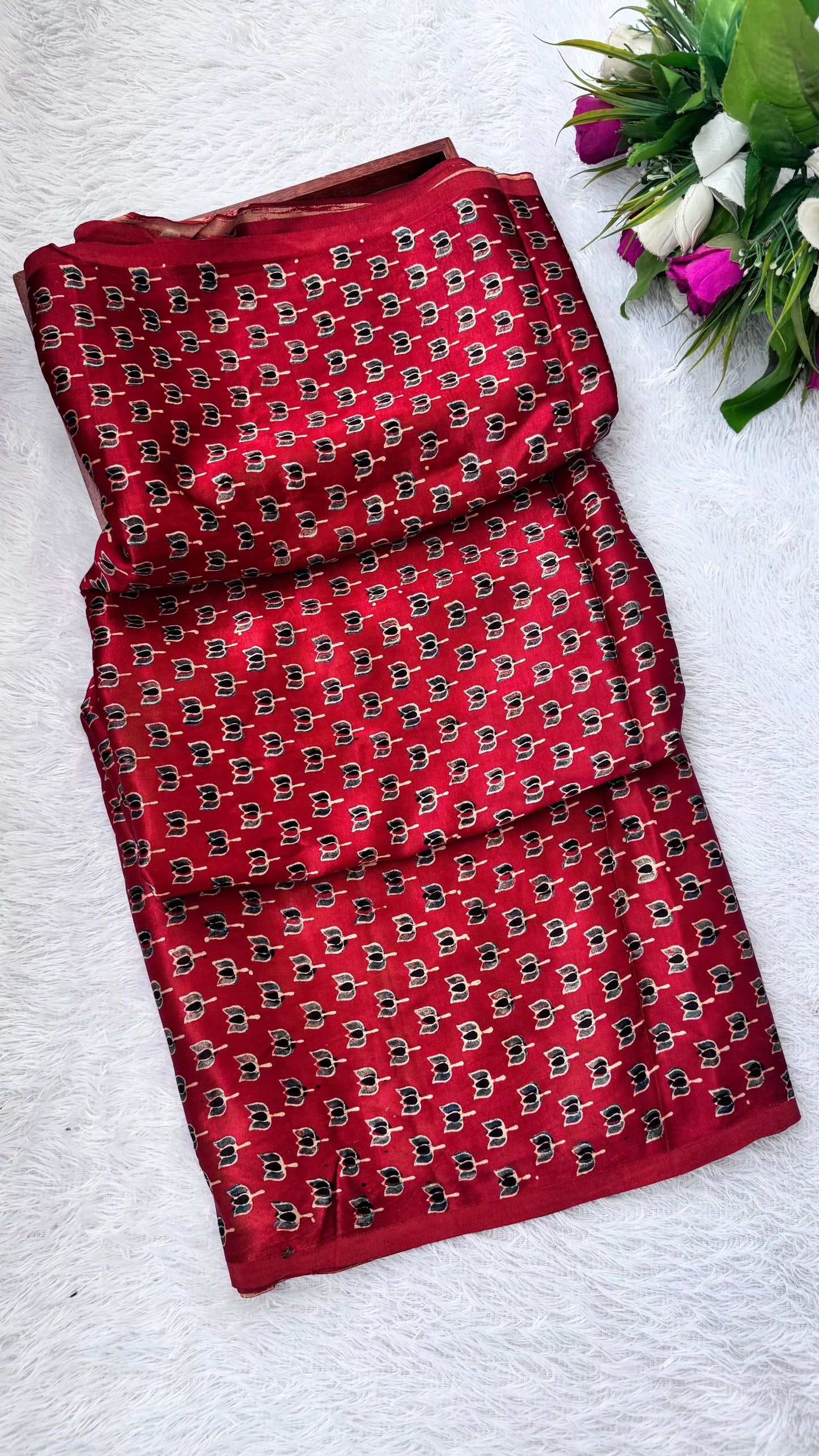 Red Kamal Buti Motif Ajrakh Mashru Silk fabric