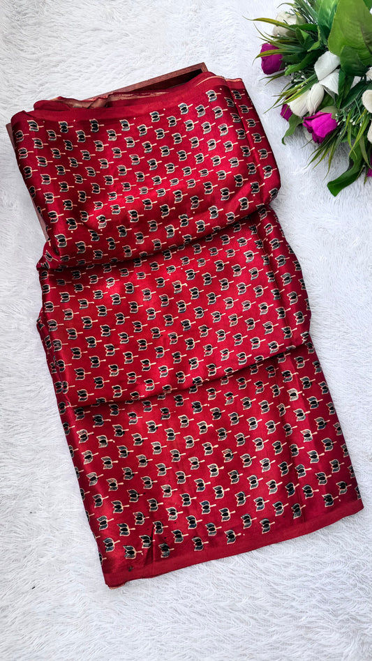 Red Kamal Buti Motif Ajrakh Mashru Silk fabric