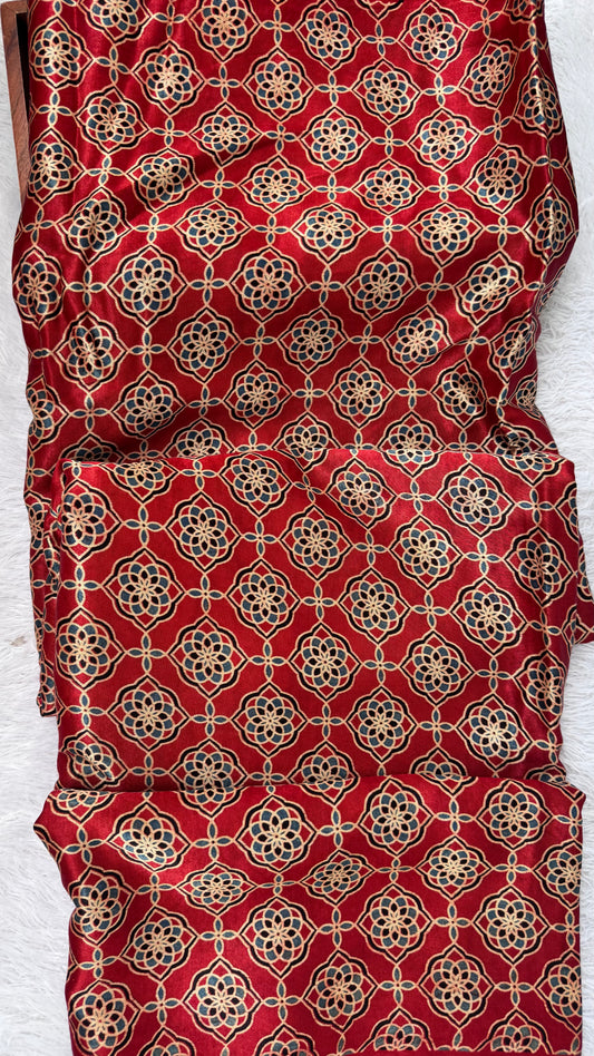 Red Shade Badaam Motif Ajrakh Mashru Silk fabric