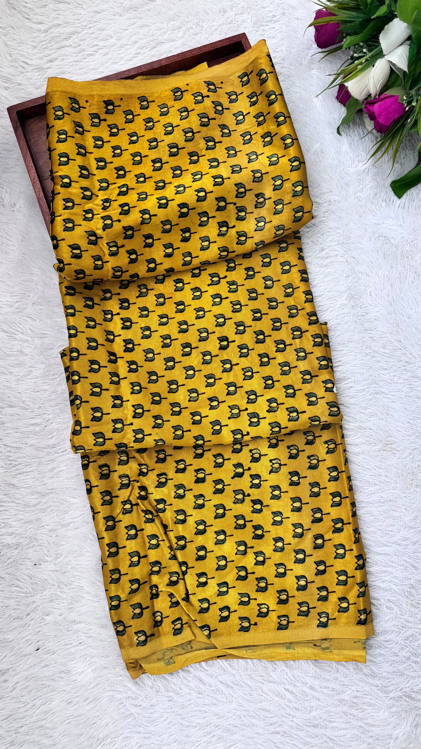 Yellow Kamal Buti Motif Ajrakh Mashru Silk fabric