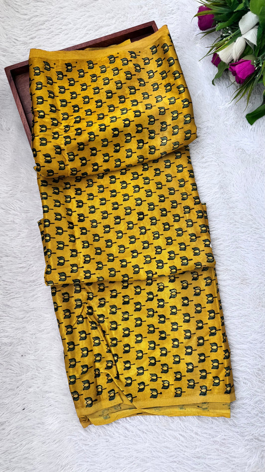 Yellow Kamal Buti Motif Ajrakh Mashru Silk fabric