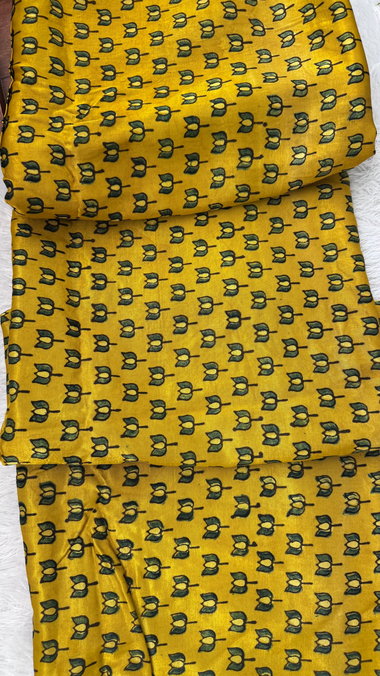 Yellow Kamal Buti Motif Ajrakh Mashru Silk fabric