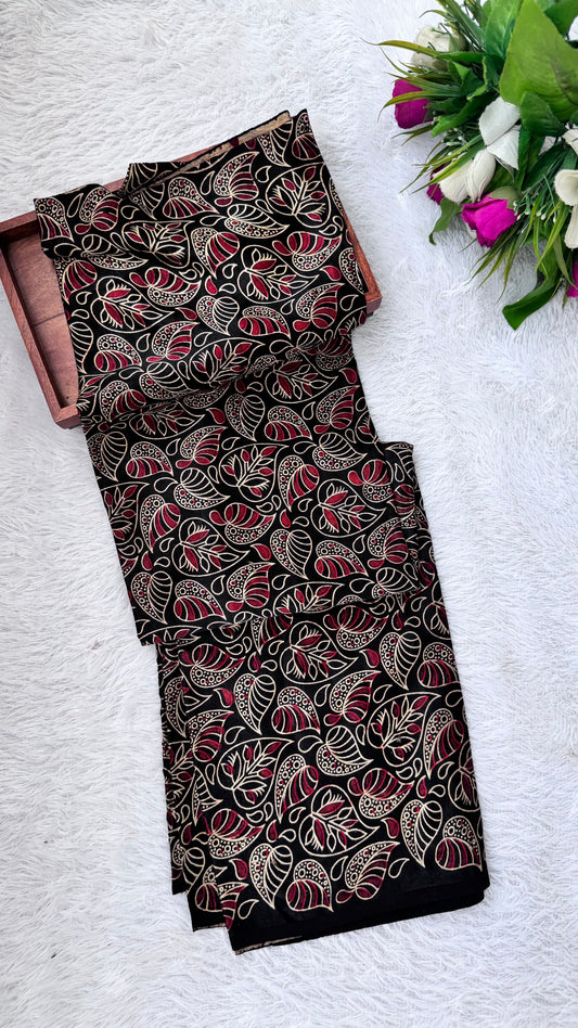 Black Shade Leaf Jaal Motif Ajrakh Mashru Silk fabric