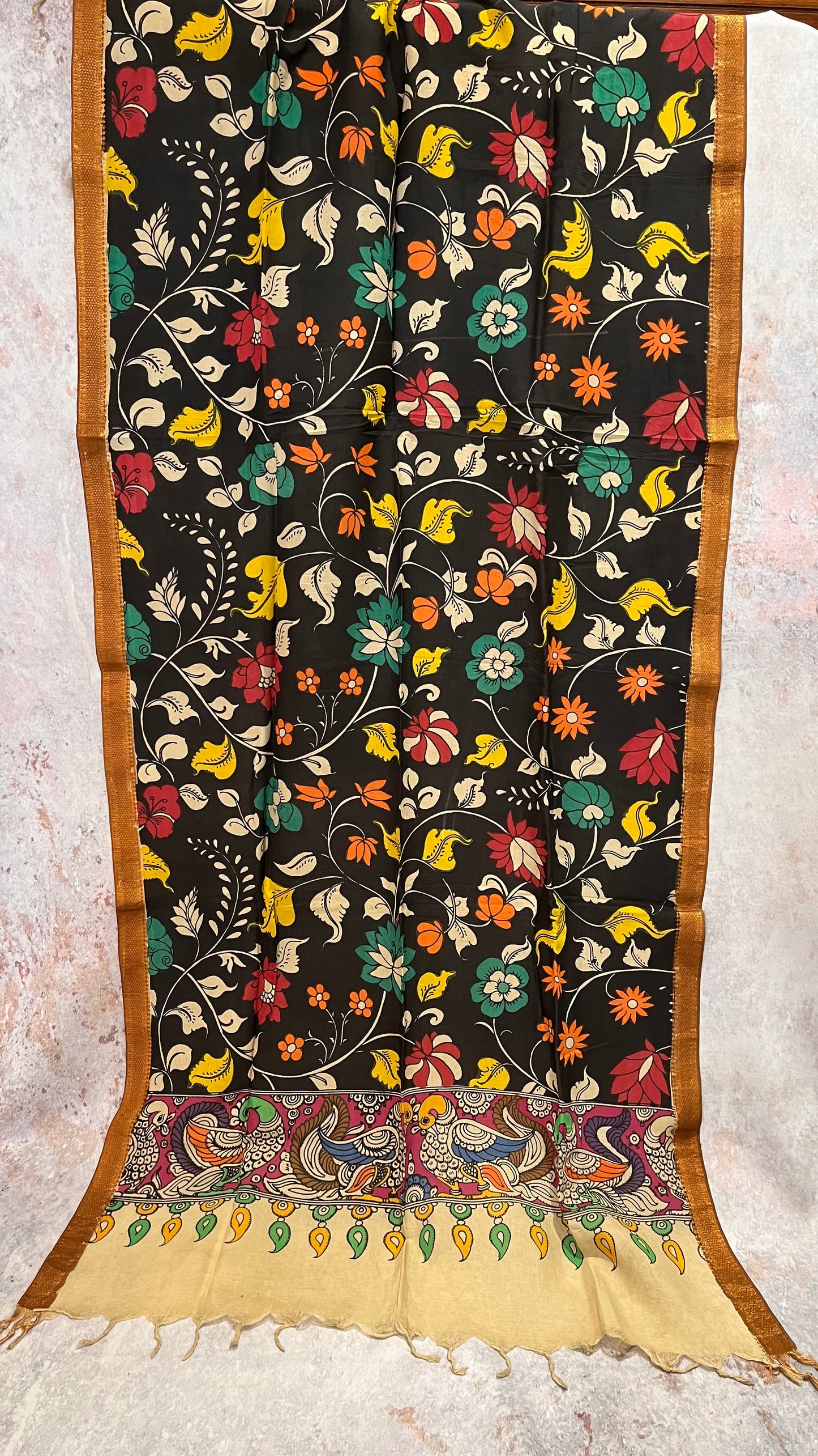 Black Multicolour Flowers Hand-painted Kalamkari Bangalore Silk Dupatta with Zari Border