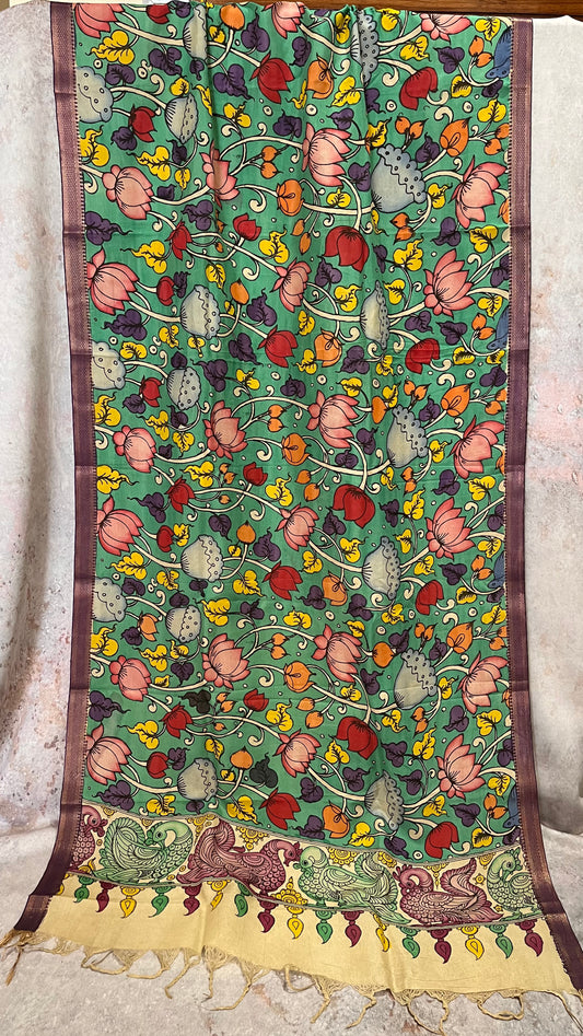 Green Multicolour Flowers Hand-painted KalamkariBangalore Silk Dupatta  with Zari Border