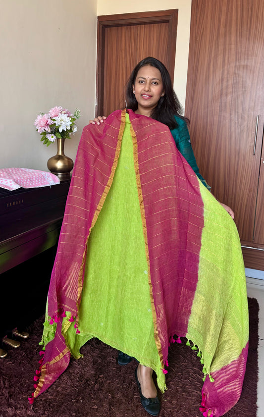 Kairi Green and Pink Dual toned Unstitched Pure Linen on Linen Jamdaani Daman 2 pc Suit Set