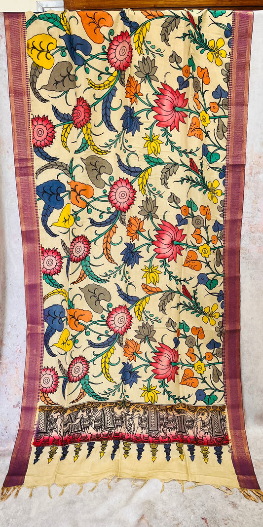 Cream Multicolour Flowers Hand-painted KalamkariBangalore Silk Dupatta  with Zari Border