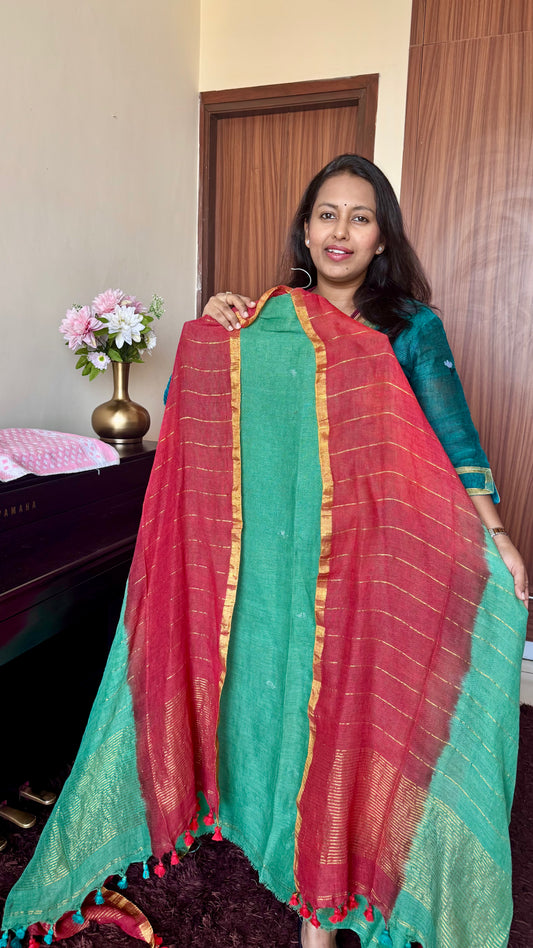 Turquiose Green and Red Dual toned Unstitched Pure Linen on Linen Jamdaani Daman 2 pc Suit Set