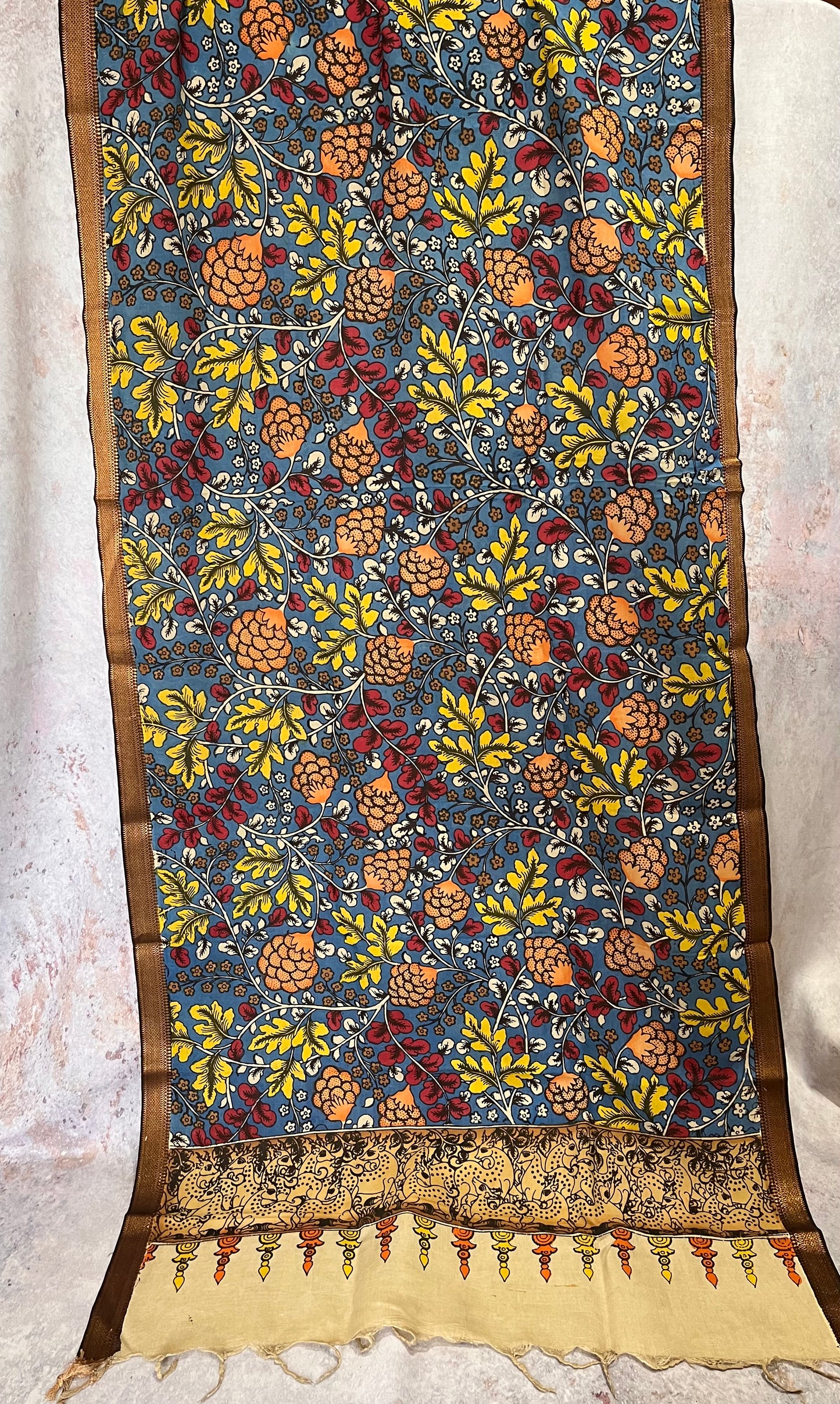 Blue Multicolour Flowers Hand-painted KalamkariBangalore Silk Dupatta  with Zari Border