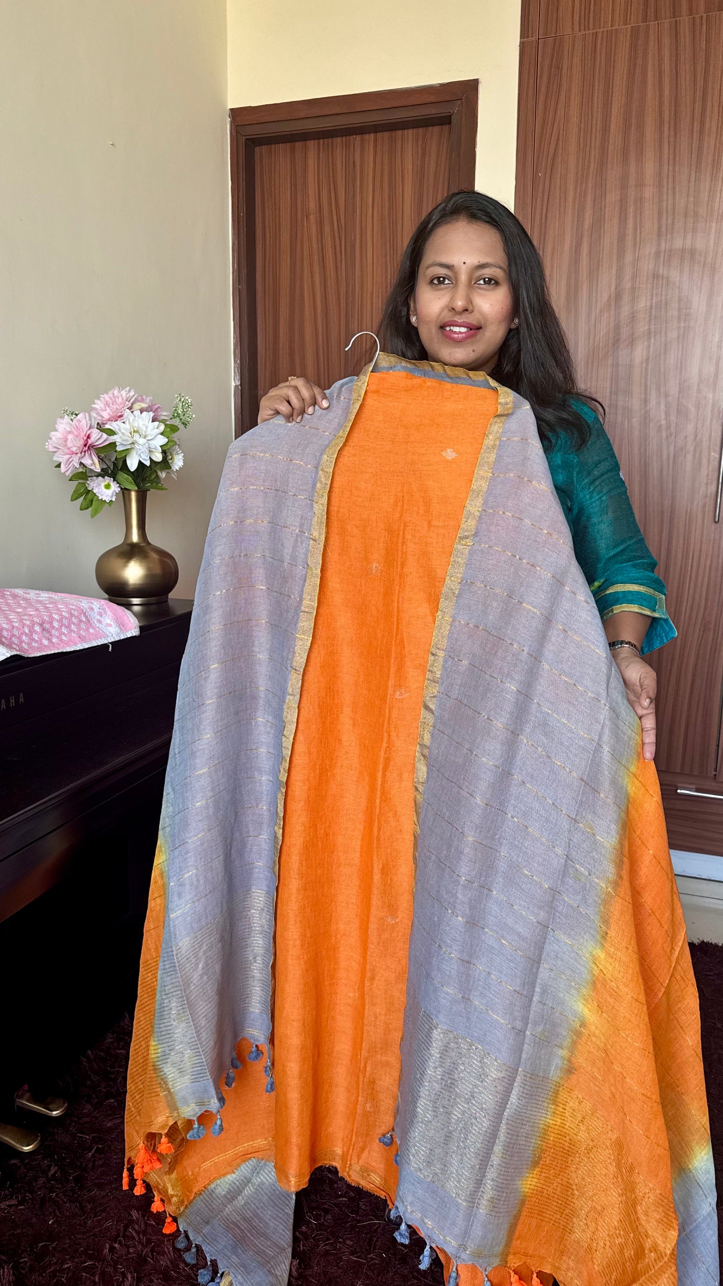 Fanta Orange Dual toned Unstitched Pure Linen on Linen Jamdaani Daman 2 pc Suit Set