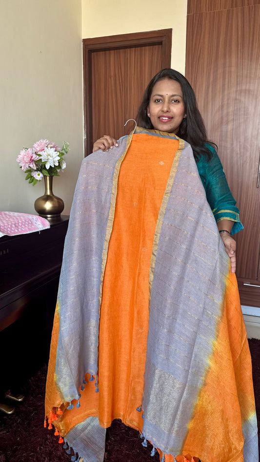 Fanta Orange Dual toned Unstitched Pure Linen on Linen Jamdaani Daman 2 pc Suit Set