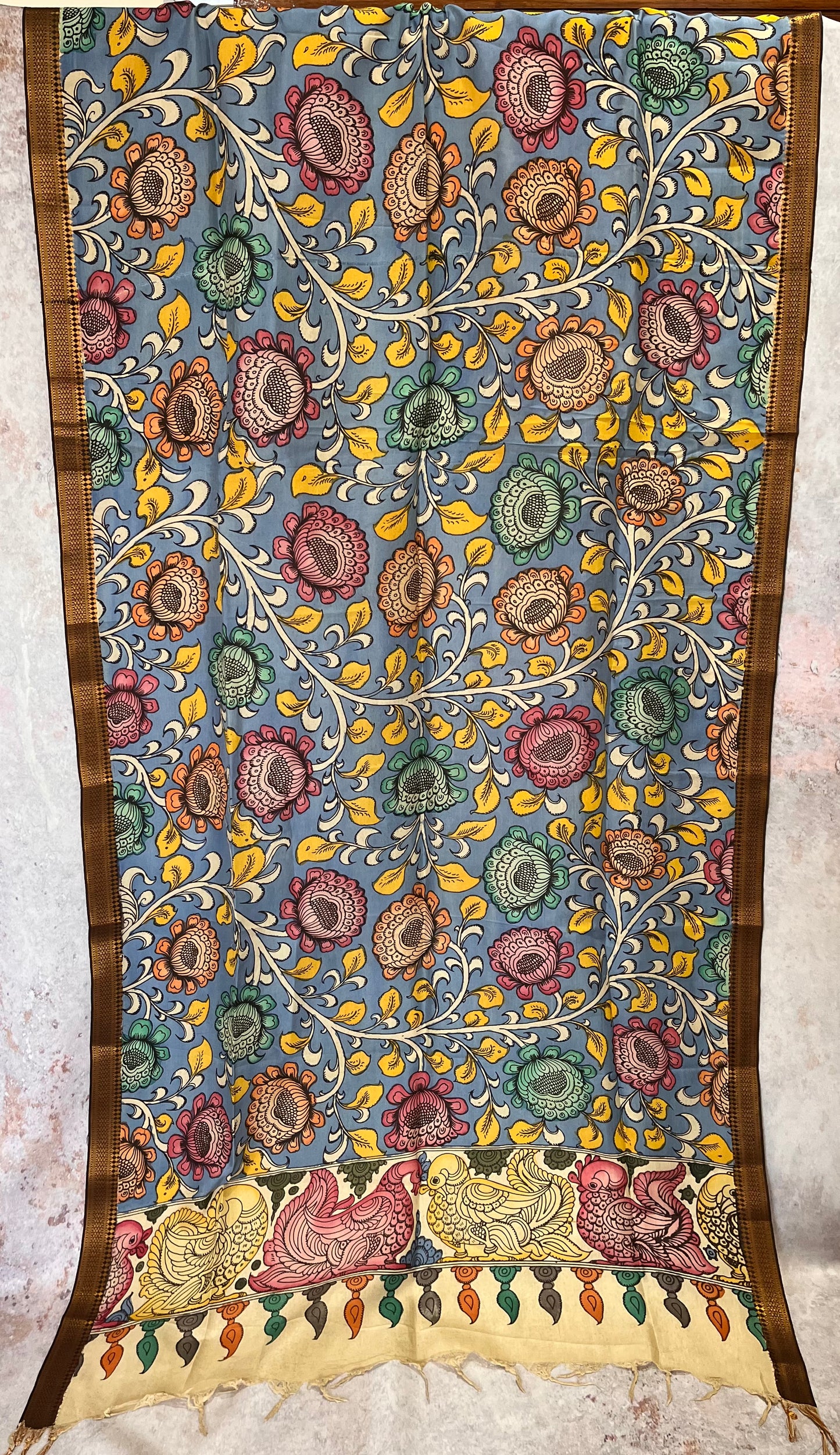 Ash Blue Flowers Hand-painted Kalamkari Bangalore Silk Dupatta  with Zari Border