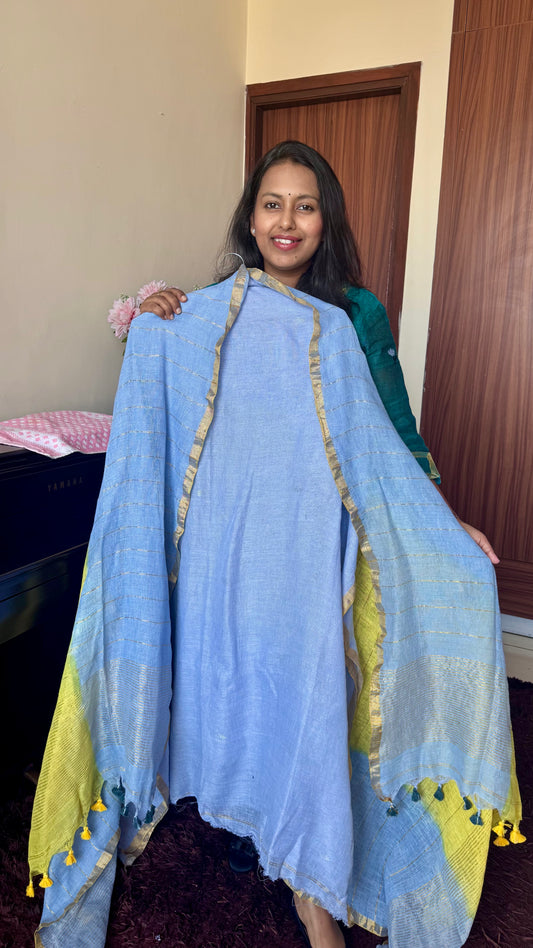 Aqua Blue Dual toned Unstitched Pure Linen on Linen Jamdaani Daman 2 pc Suit Set