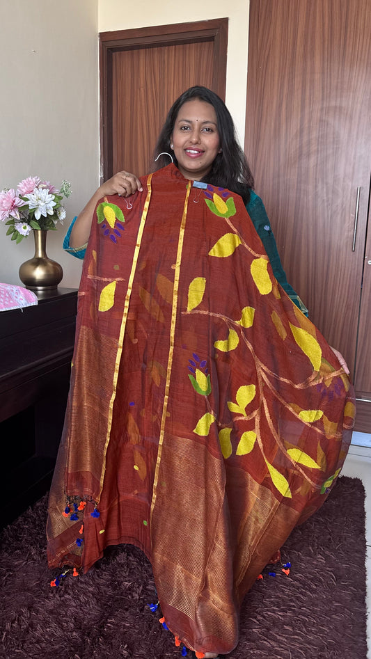 Rust Brown Shade Pure Handloom Resham Muslin 2 pc Set