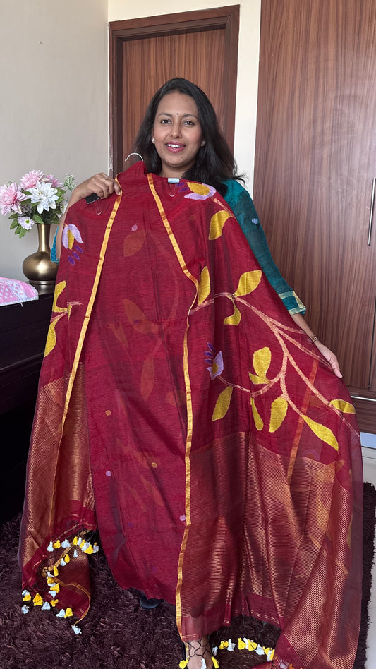 Burgandy Red Shade Pure Handloom Resham Muslin 2 pc Set