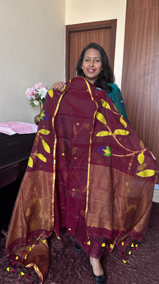 Wine Shade Pure Handloom Resham Muslin 2 pc Set